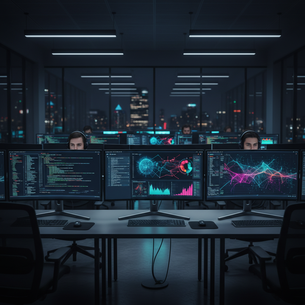 Technology operations center with data dashboards